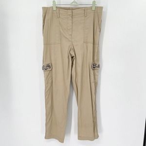 Chico's Linen Bling Rhinestones Crop Cargo Pants Sz 6 Tan‎ Pockets Elastic Waist